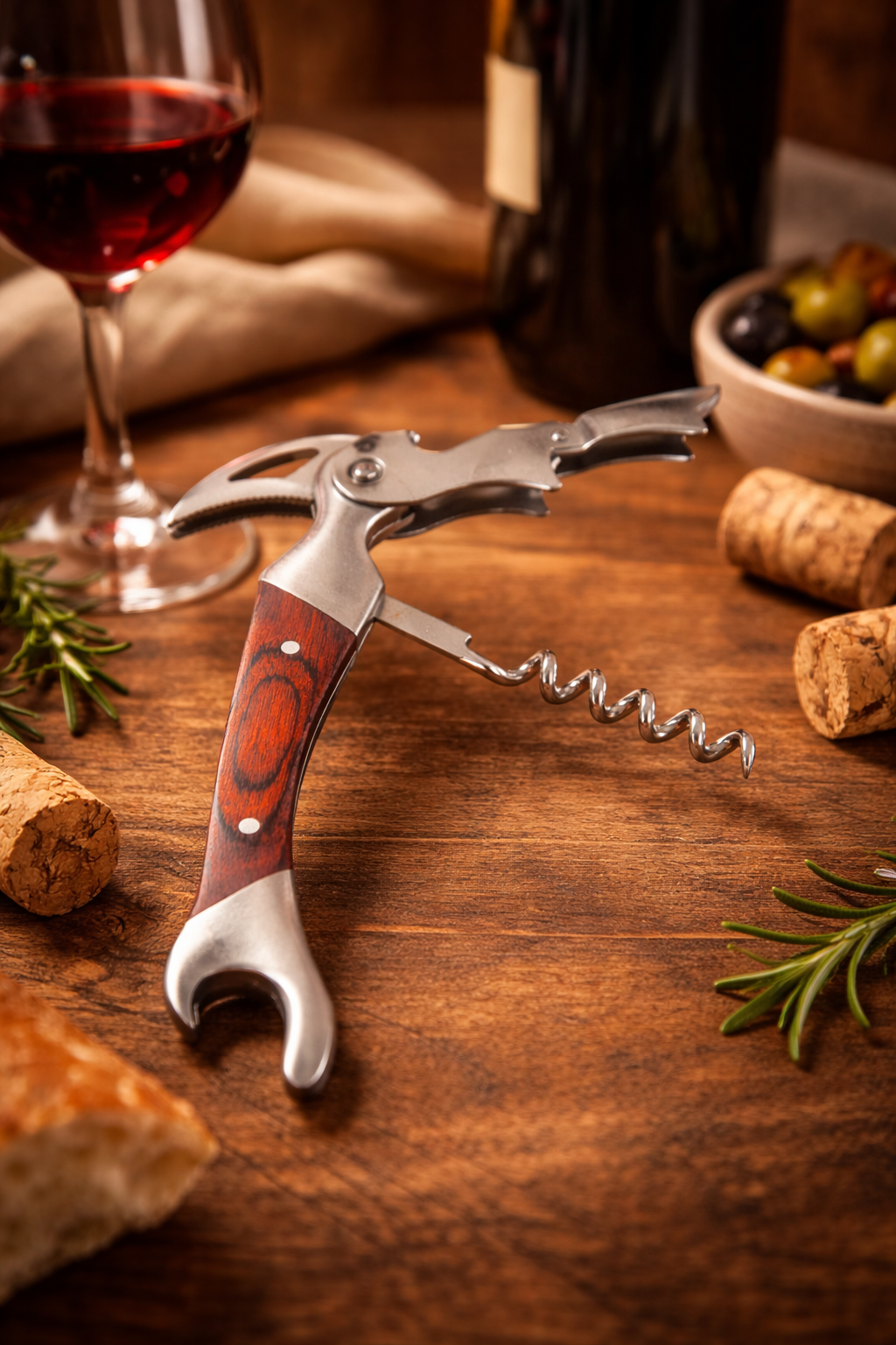 Heavy Duty Stainless Steel Corkscrew with Mahogany Handle – 5¼” × 1¾”
