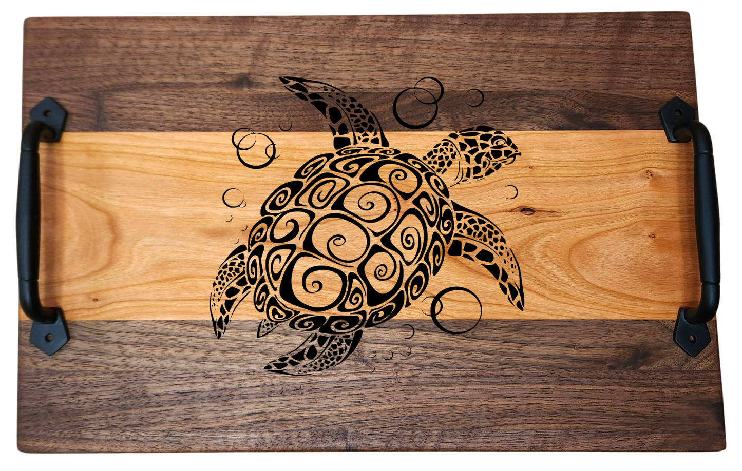 Walnut & Cherry Serving Tray with Cast Iron Handles – 10½” × 16”