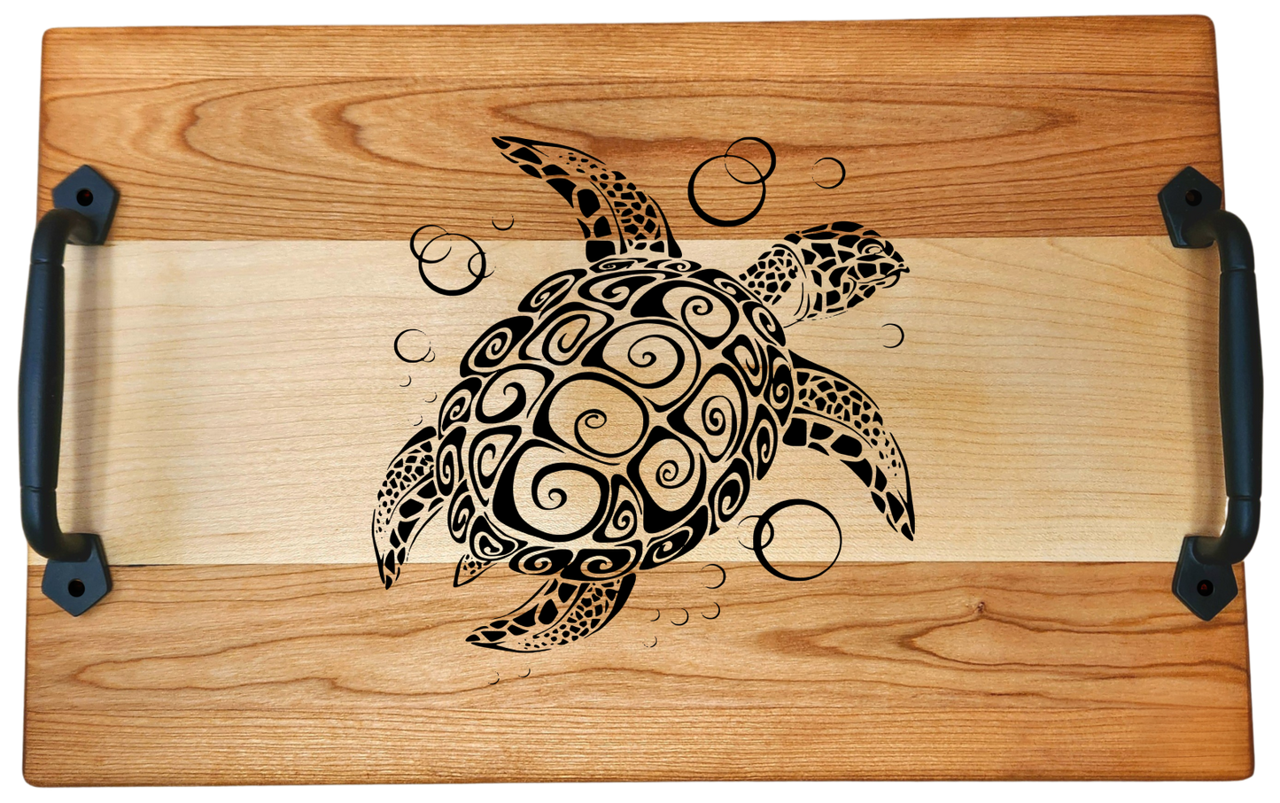 Cherry & Maple Serving Tray with Cast Iron Handles – 10½” × 16”