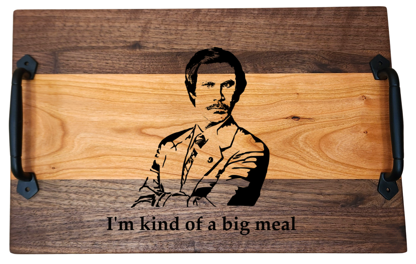 Walnut & Cherry Serving Tray with Cast Iron Handles – 10½” × 16”