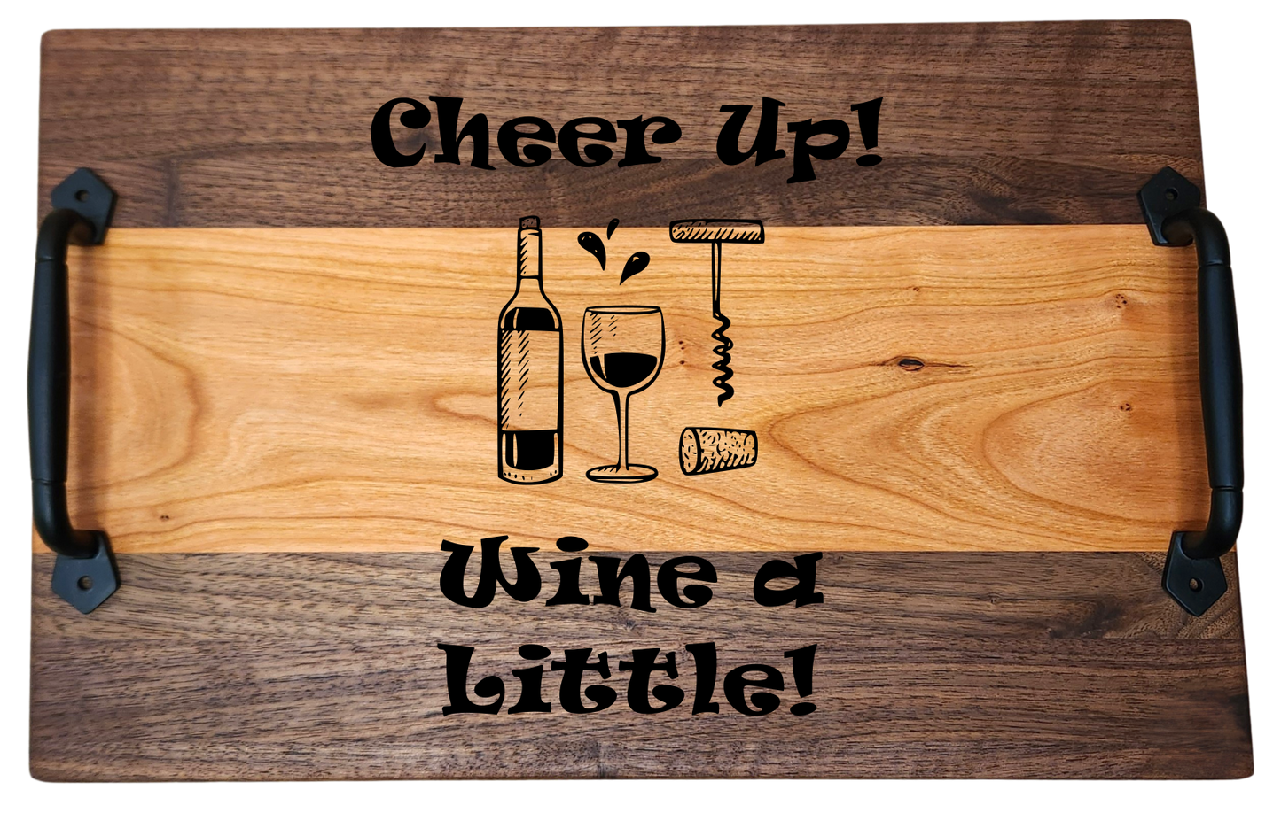 Walnut & Cherry Serving Tray with Cast Iron Handles – 10½” × 16”