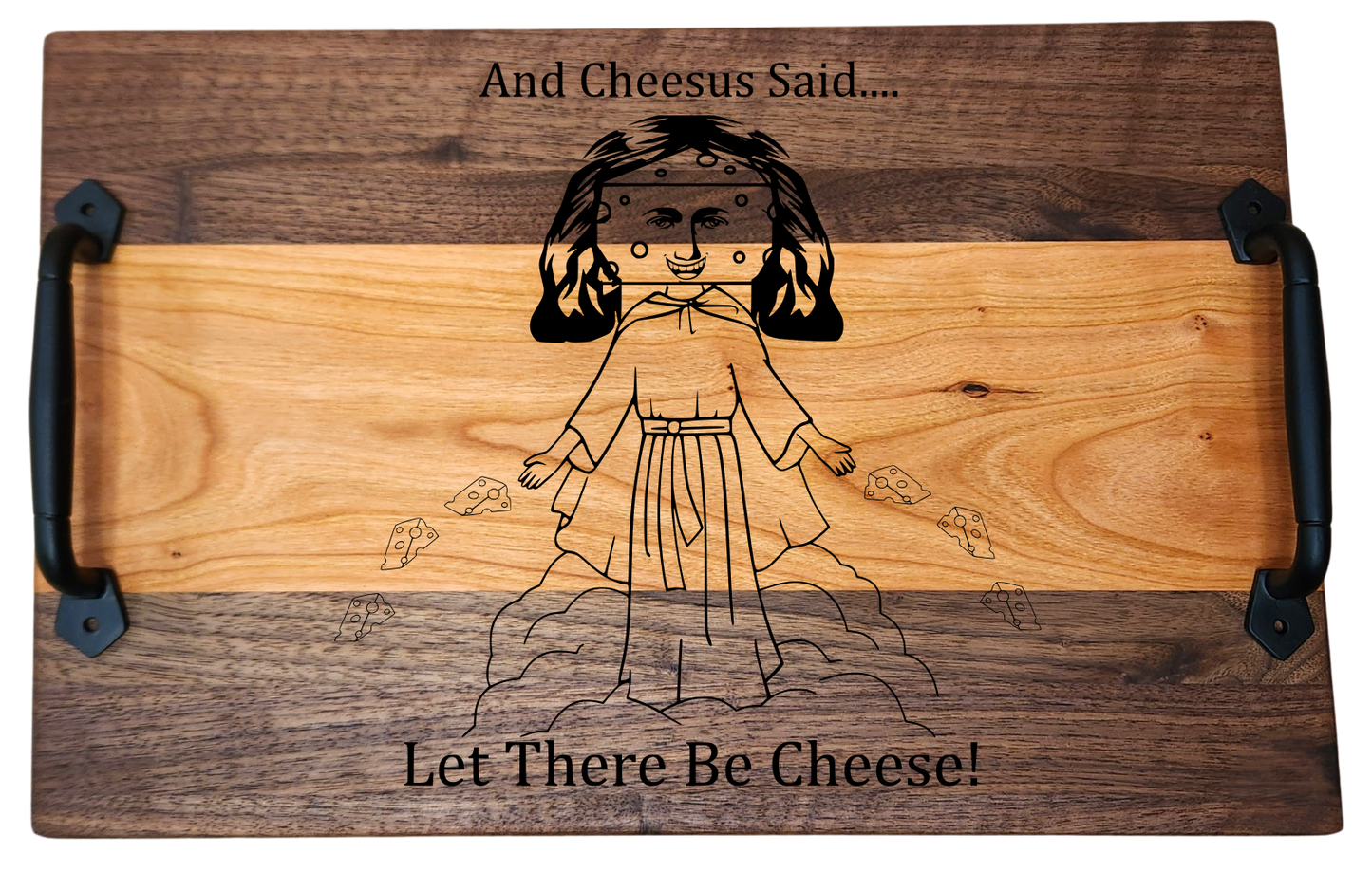 Walnut & Cherry Serving Tray with Cast Iron Handles – 10½” × 16”