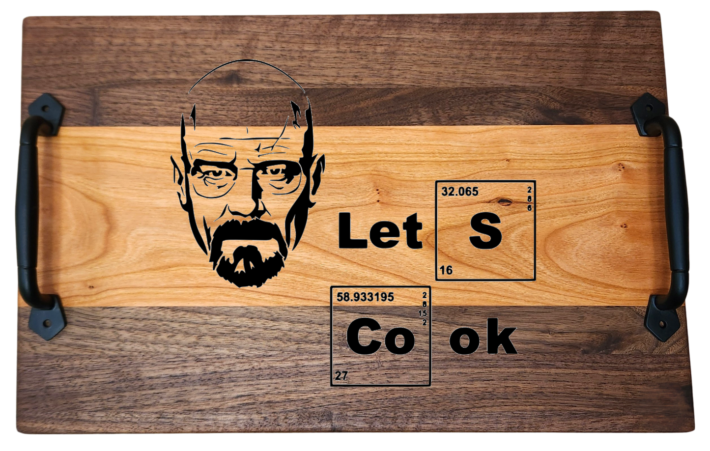 Walnut & Cherry Serving Tray with Cast Iron Handles – 10½” × 16”