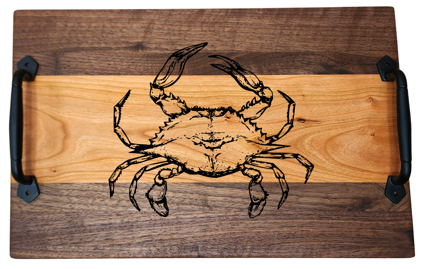 Walnut & Cherry Serving Tray with Cast Iron Handles – 10½” × 16”