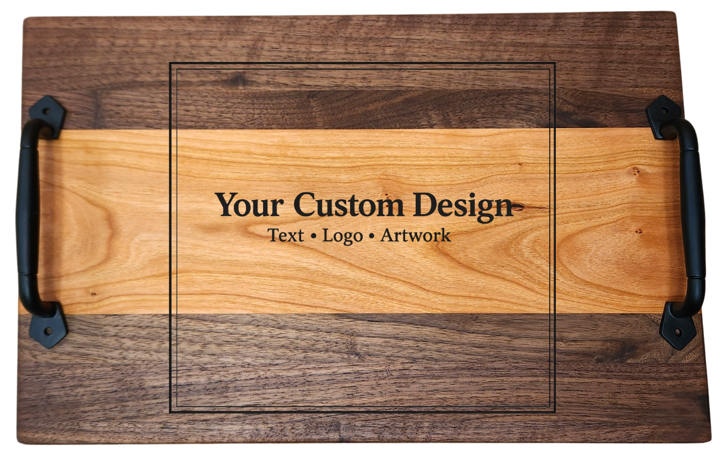 Walnut & Cherry Serving Tray with Cast Iron Handles – 10½” × 16”