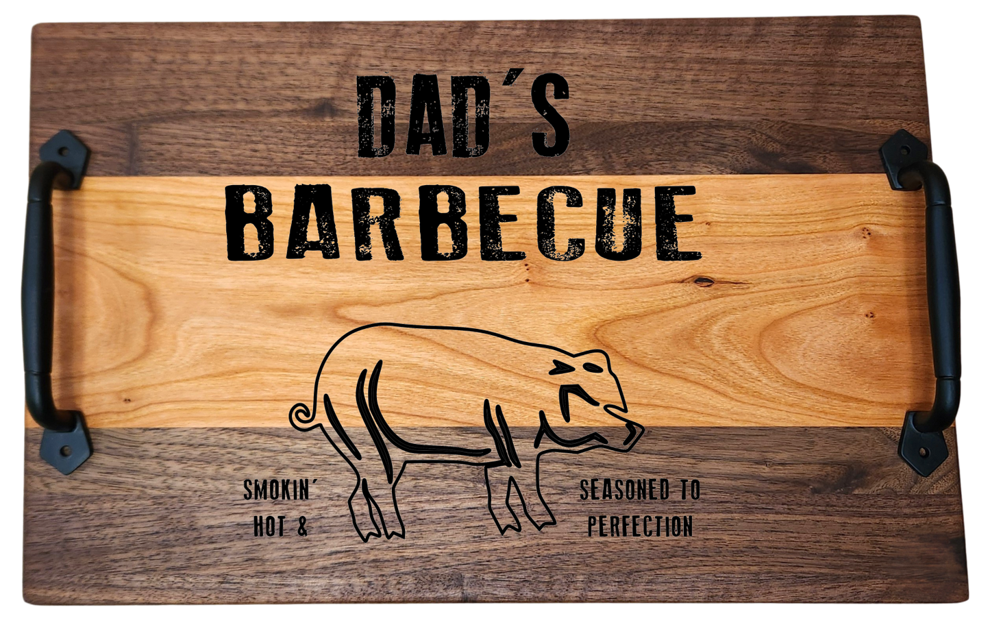 Walnut & Cherry Serving Tray with Cast Iron Handles – 10½” × 16”