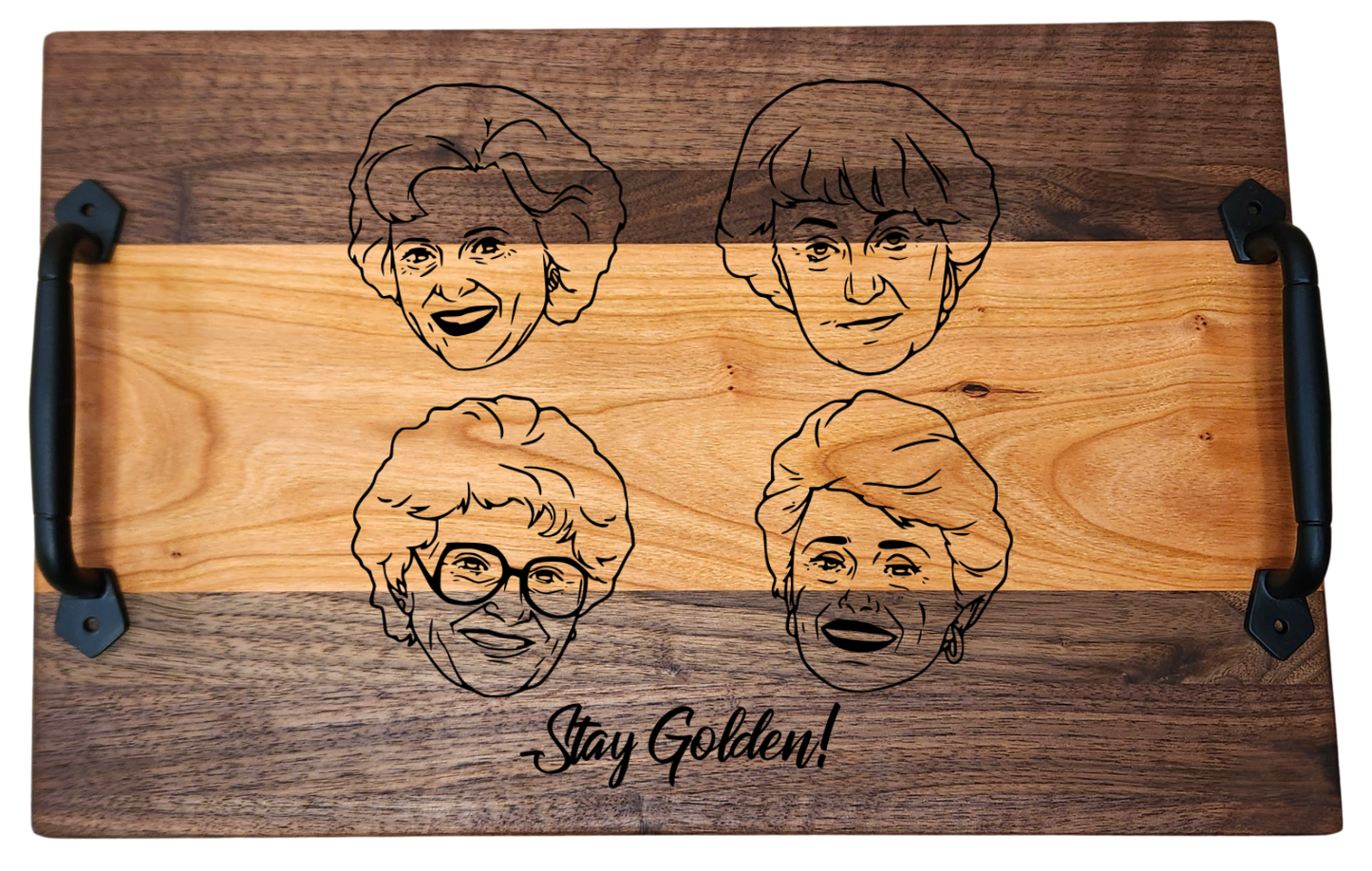 Walnut & Cherry Serving Tray with Cast Iron Handles – 10½” × 16”