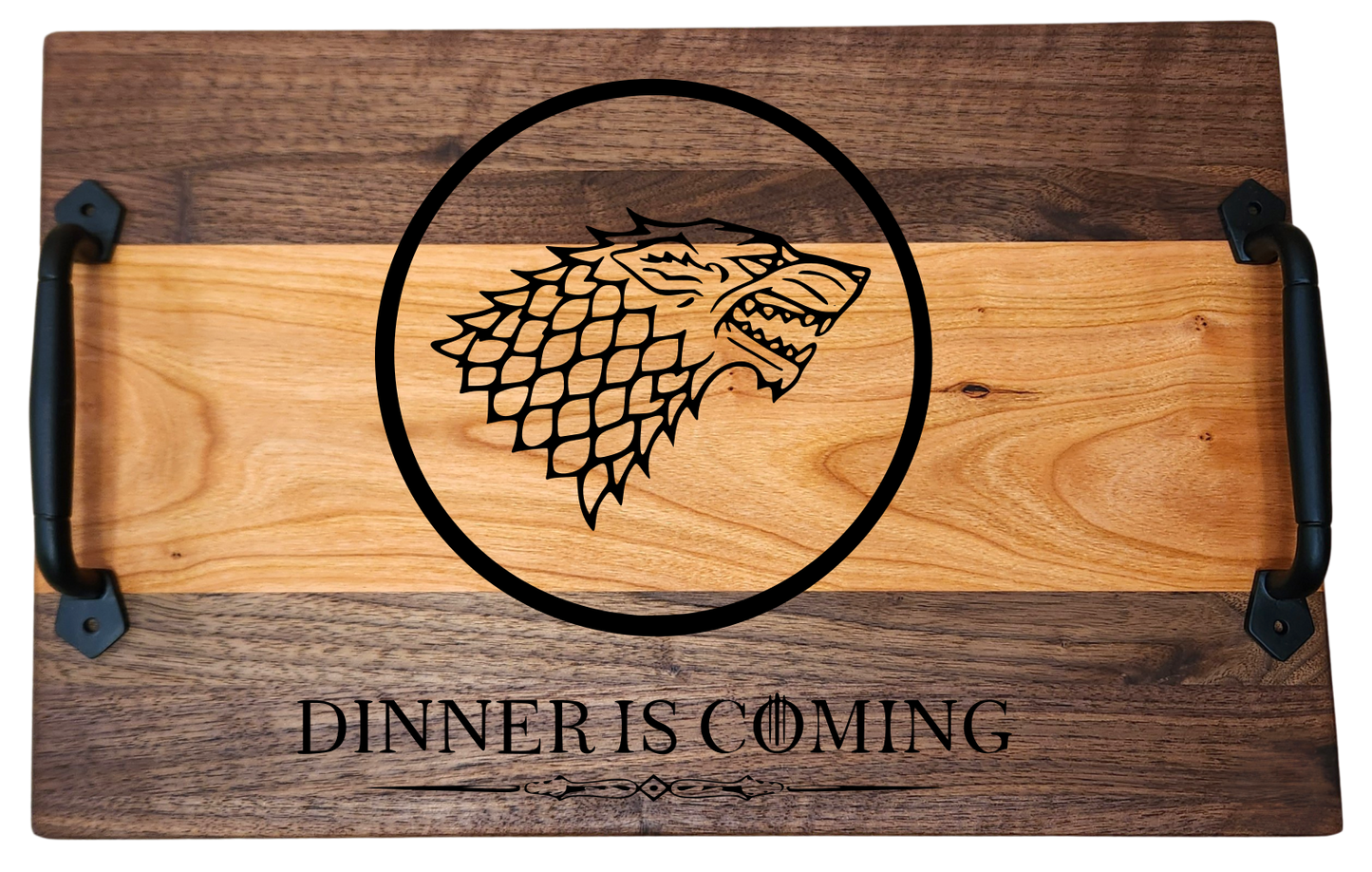 Walnut & Cherry Serving Tray with Cast Iron Handles – 10½” × 16”