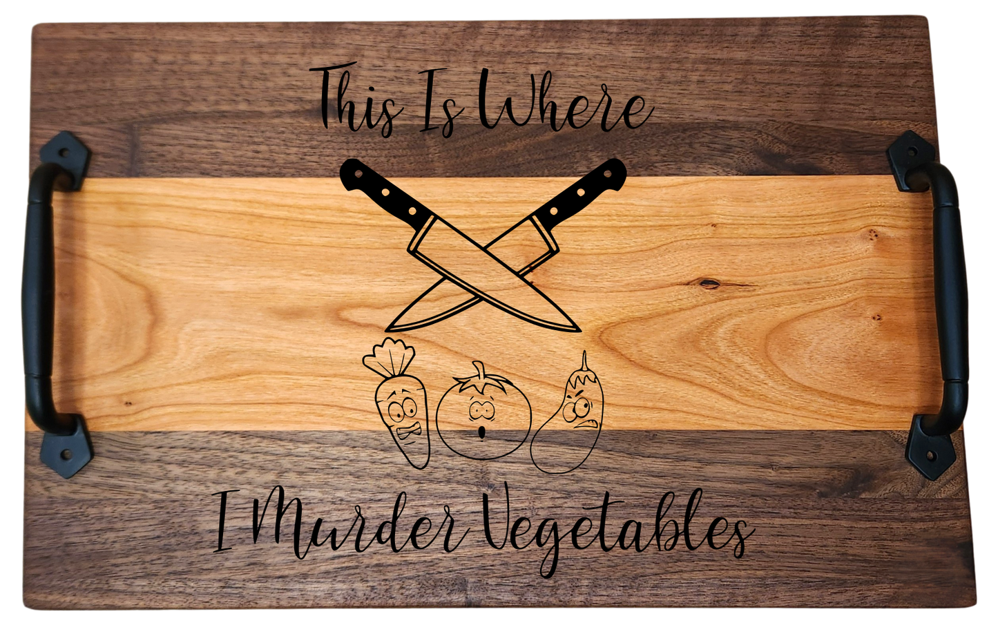 Walnut & Cherry Serving Tray with Cast Iron Handles – 10½” × 16”