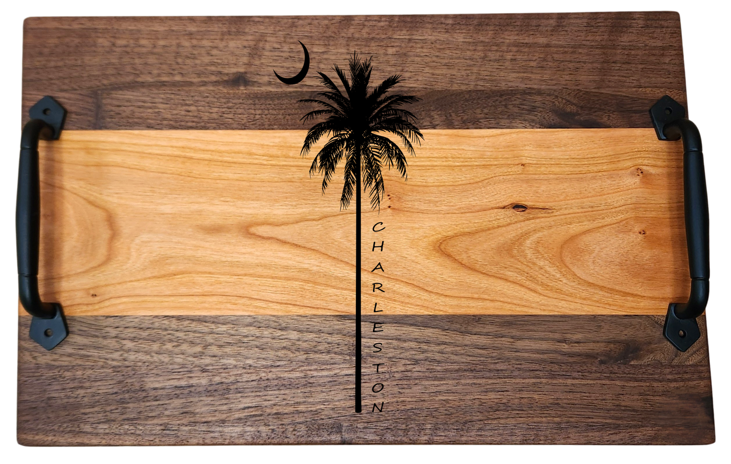 Walnut & Cherry Serving Tray with Cast Iron Handles – 10½” × 16”