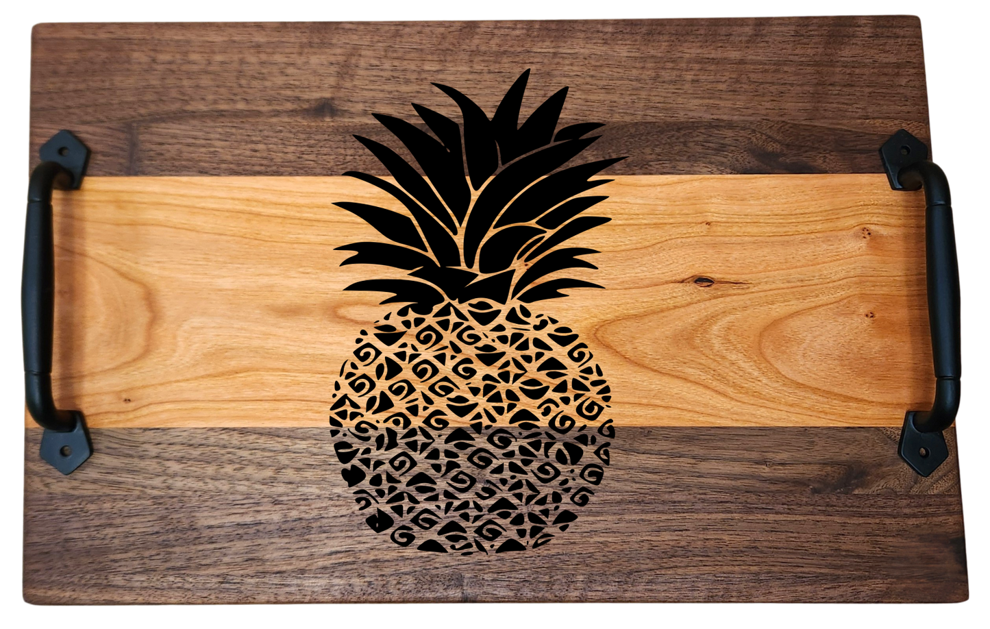 Walnut & Cherry Serving Tray with Cast Iron Handles – 10½” × 16”