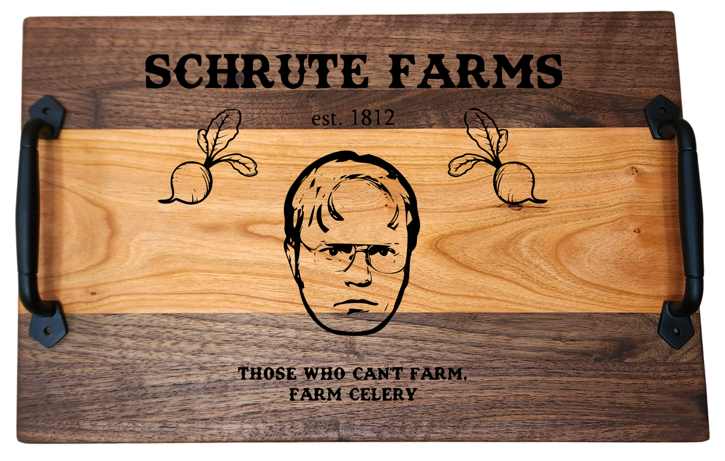 Walnut & Cherry Serving Tray with Cast Iron Handles – 10½” × 16”