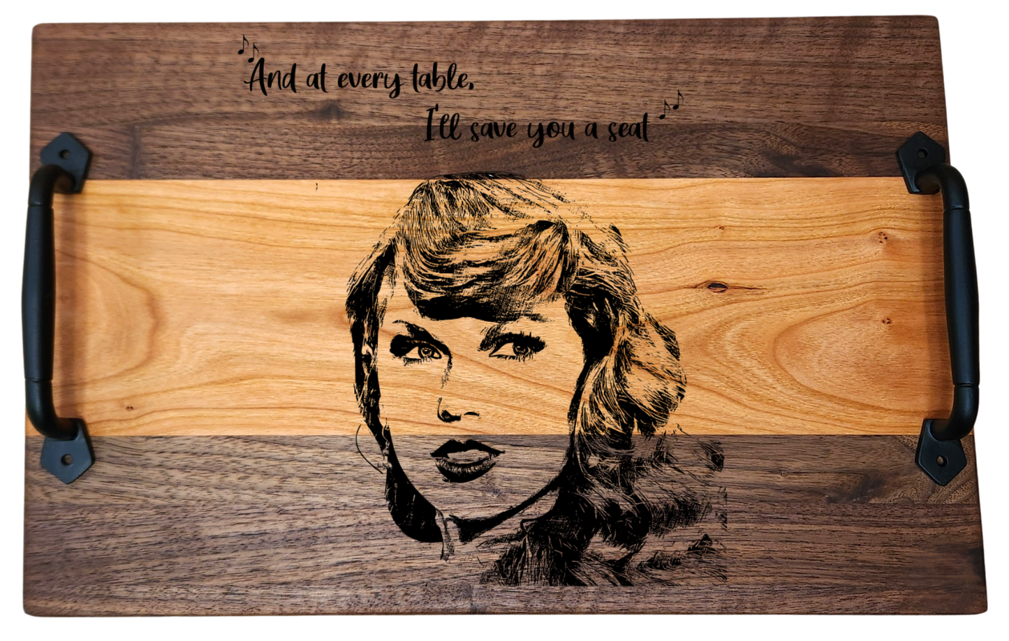 Walnut & Cherry Serving Tray with Cast Iron Handles – 10½” × 16”