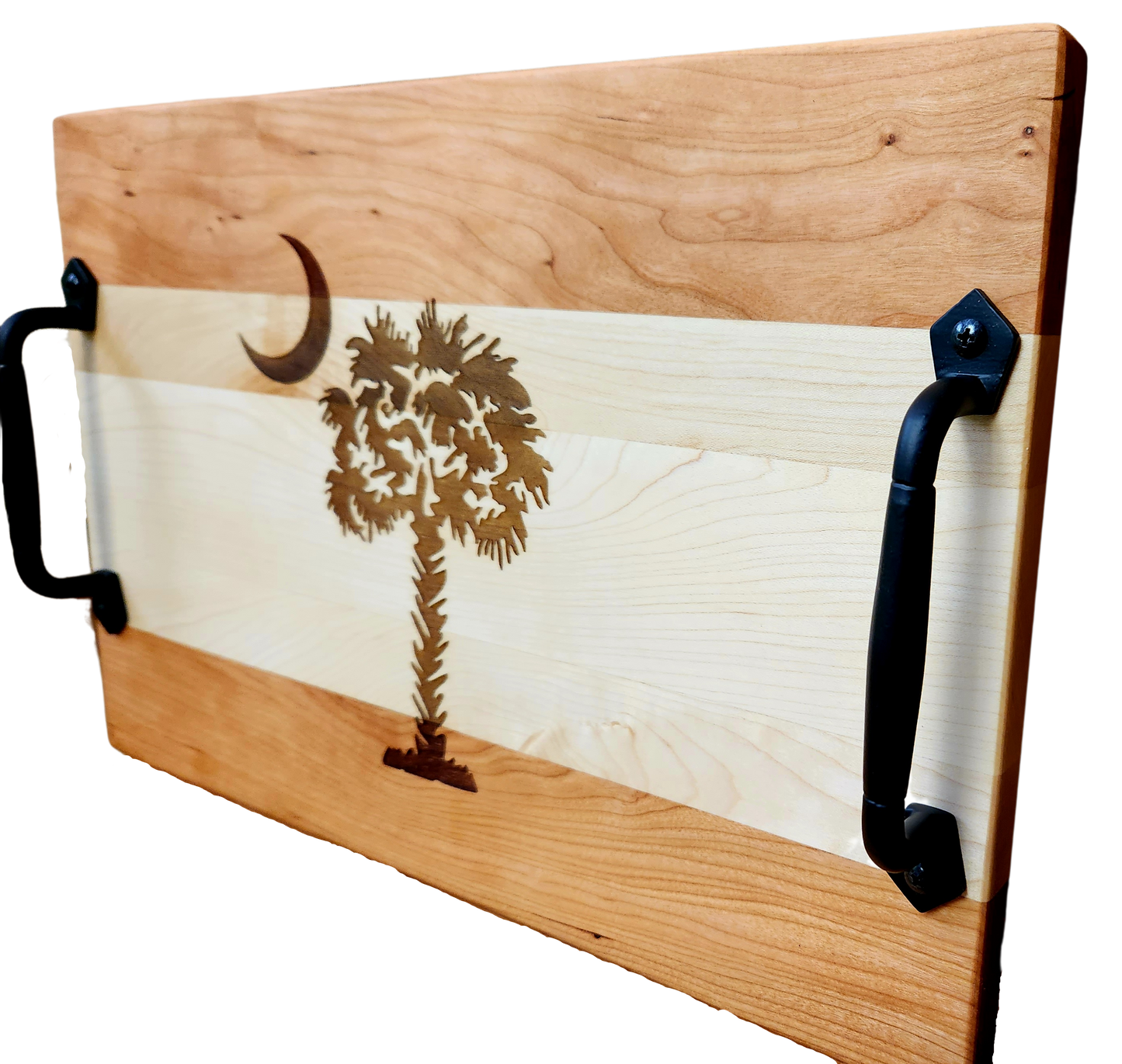 Cherry & Maple Serving Tray with Cast Iron Handles – 10½” × 16”