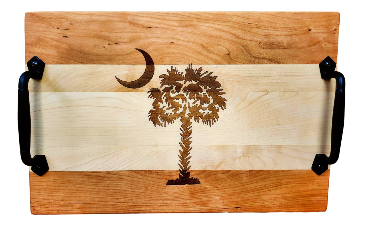 Cherry & Maple Serving Tray with Cast Iron Handles – 10½” × 16”