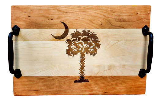Cherry & Maple Serving Tray with Cast Iron Handles – 10½” × 16”
