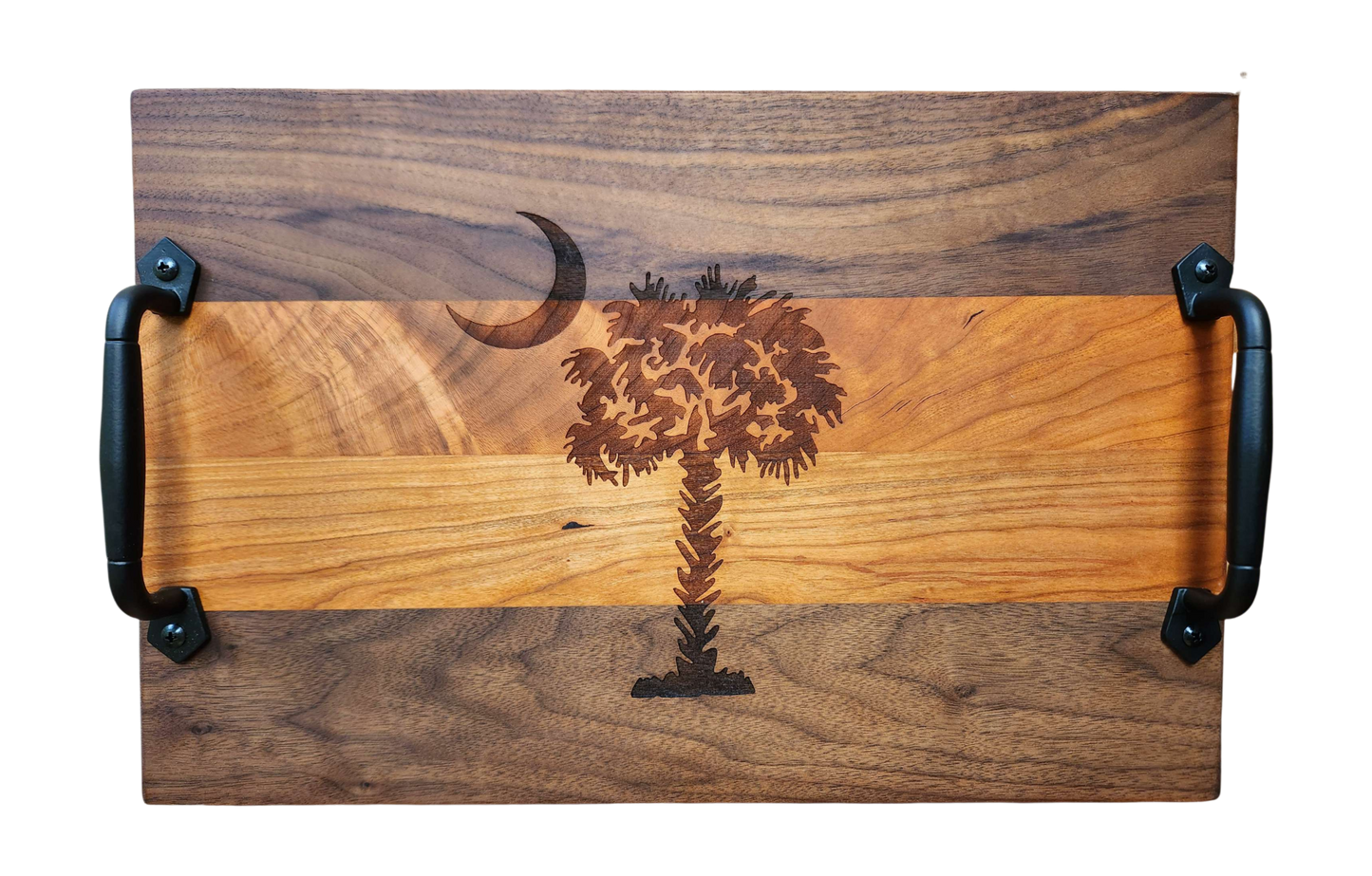 Walnut & Cherry Serving Tray with Cast Iron Handles – 10½” × 16”