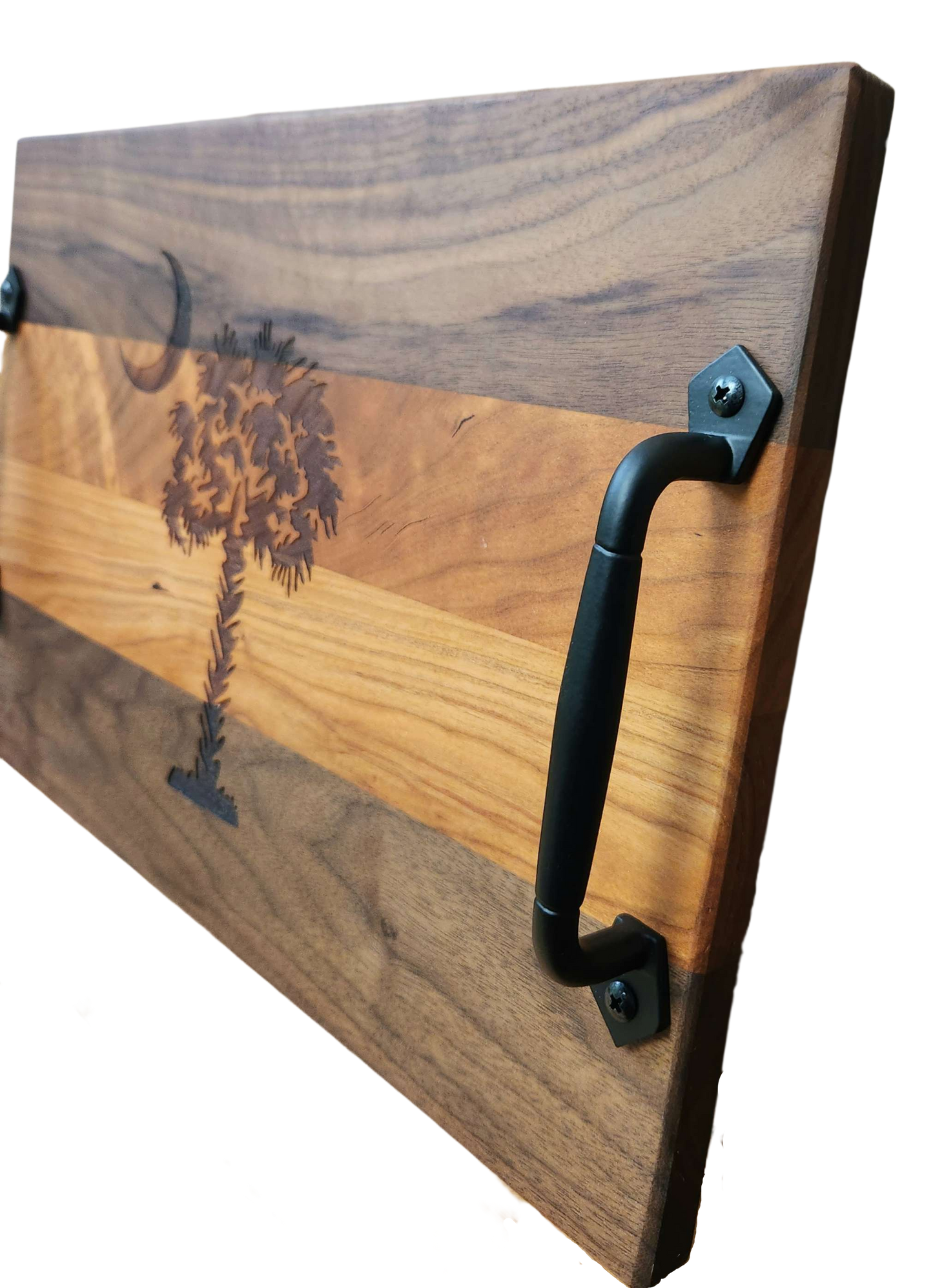 Walnut & Cherry Serving Tray with Cast Iron Handles – 10½” × 16”