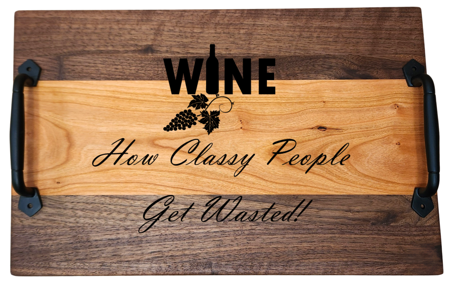 Walnut & Cherry Serving Tray with Cast Iron Handles – 10½” × 16”